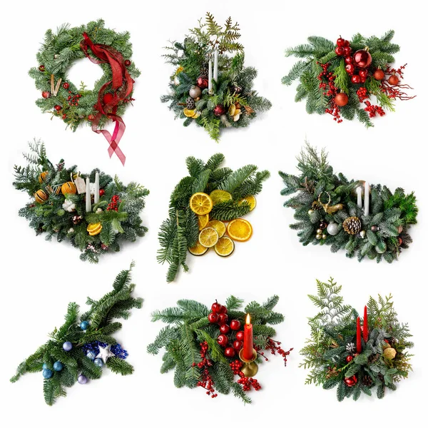Set Photos New Year Theme Christmas Wreath Compositions Candles Christmas Стокова Картинка