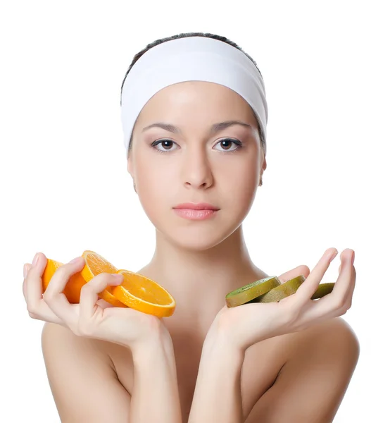 The beautiful woman with a orange — Stock Photo, Image