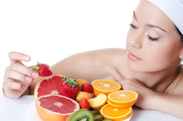 The beautiful woman with fruit — Stock Photo, Image