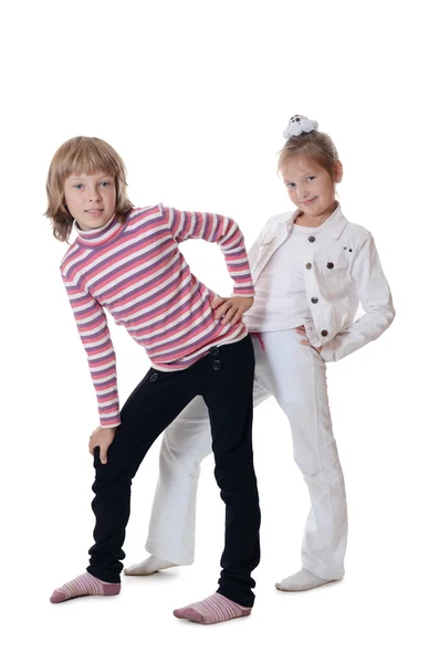 Two young girl friends on white background — Stock Photo, Image