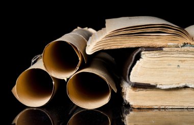Many ancient scrolls and old books