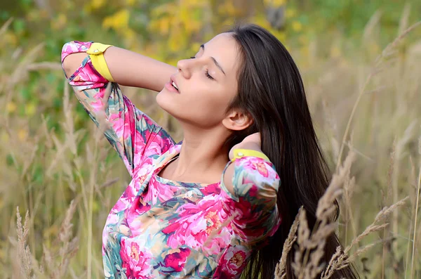 A bela mulher em um vestido no campo — Fotografia de Stock