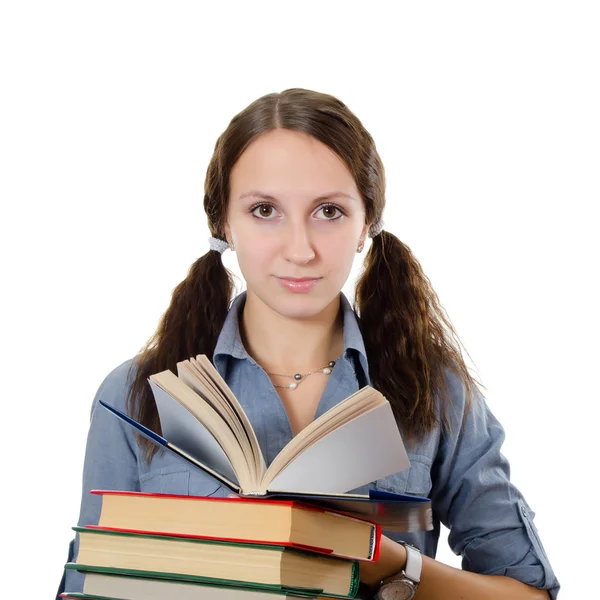 Het mooie meisje met boeken geïsoleerd op wit — Stockfoto