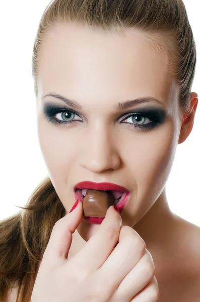 The girl with a chocolate bar — Stock Photo, Image