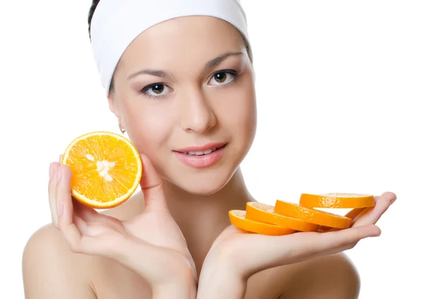 The beautiful woman with orange isolated — Stock Photo, Image