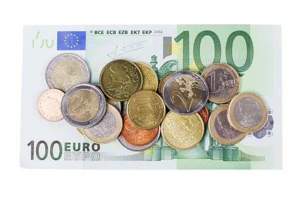 Várias notas e moedas em euros — Fotografia de Stock