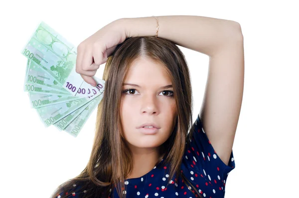 Het mooie meisje met eurobankbiljetten — Stockfoto