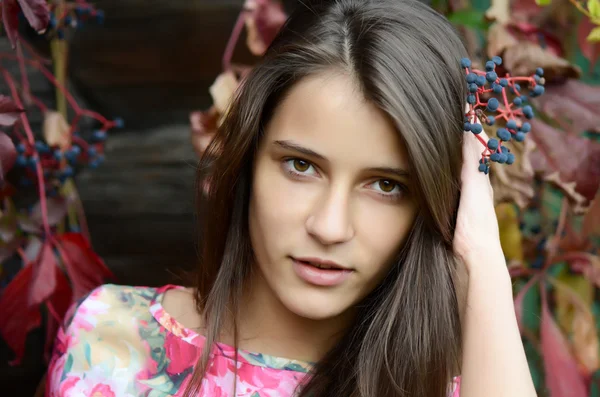Őszi lombozat fiatal lány portréja — Stock Fotó