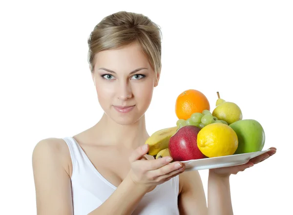 Beautiful girl with fruit and vegetables — Stock Photo, Image