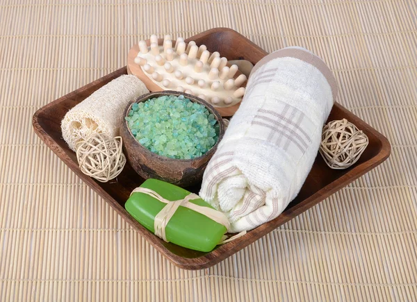Instellen voor spa-procedures op bamboe tapijt — Stockfoto
