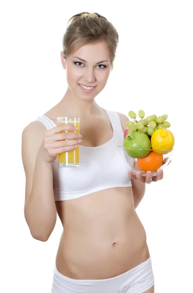 Beautiful girl with fruit and Juice — Stock Photo, Image