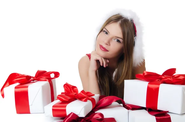 Рождественская девушка с коробками подарков изолированы — стоковое фото