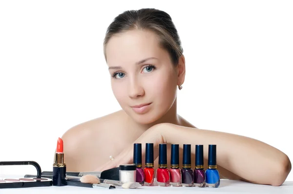 El conjunto de cosméticos mujer hermosa — Foto de Stock