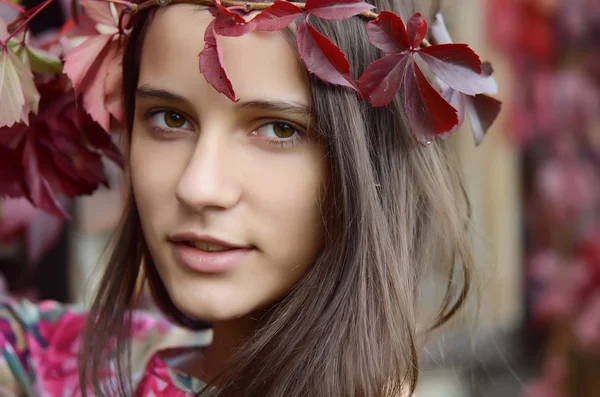 Ritratto della giovane ragazza con fogliame autunnale — Foto Stock