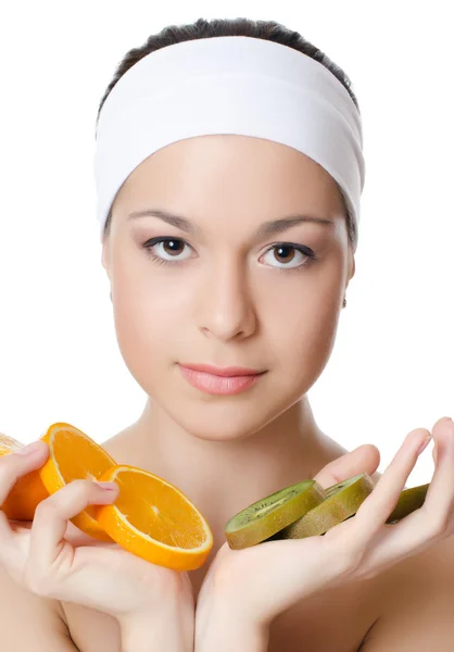 The beautiful woman with a orange — Stock Photo, Image