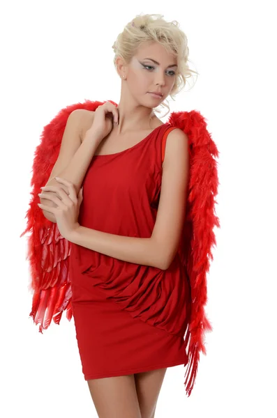 La hermosa chica en traje de ángel rojo — Foto de Stock