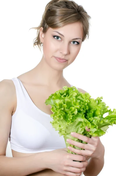 La hermosa chica con ensalada verde —  Fotos de Stock