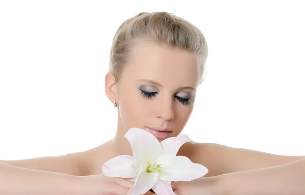 The beautiful woman with lily flower — Stock Photo, Image