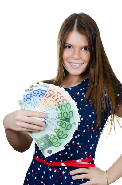 Krásná dívka s eurobankovkami — Stock fotografie