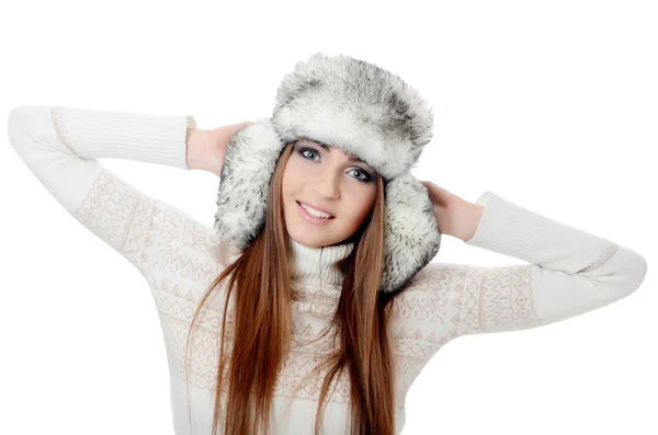 Bella ragazza in cappello isolato su sfondo bianco — Foto Stock