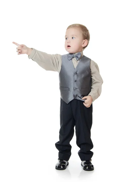 The little boy in a business suit shows a finger — Stock Photo, Image