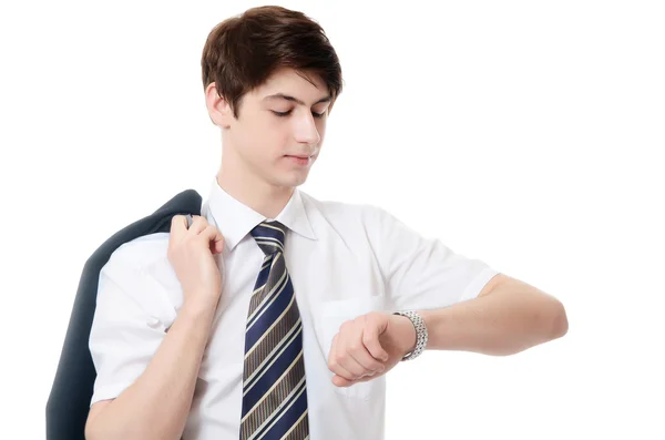 L'uomo d'affari in un vestito d'affari guarda l'orologio — Foto Stock