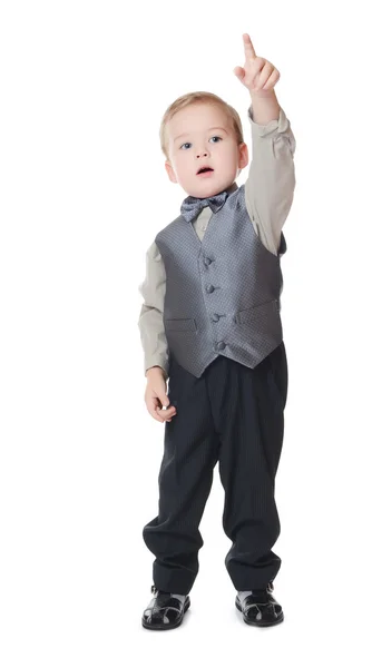 The little boy in a business suit shows a finger — Stock Photo, Image