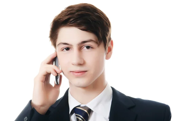 Biznesmen w garniturze mówi przez telefon — Zdjęcie stockowe