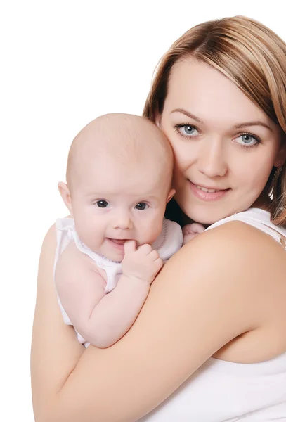 Glad mamma med baby isolerade på vit bakgrund — Stockfoto