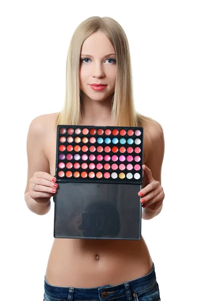 The beautiful woman with a palette eye shadow — Stock Photo, Image