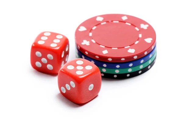 Poker chip and red cubes isolated on white background — Stock Photo, Image