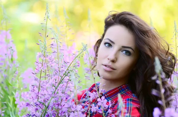 A bela mulher no lupin de campo — Fotografia de Stock