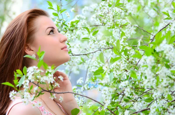 Den vackra kvinnan i blommor av ett körsbär — Stockfoto