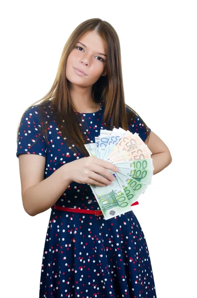 The beautiful girl with euro banknotes — Stock Photo, Image