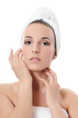 Spa güzel kadın yüzü üzerinde beyaz background.touches izole