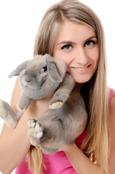 The beautiful woman with a grey rabbit — Stock Photo, Image