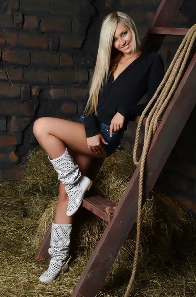 The beautiful woman in a shed at a ladder — Stock Photo, Image