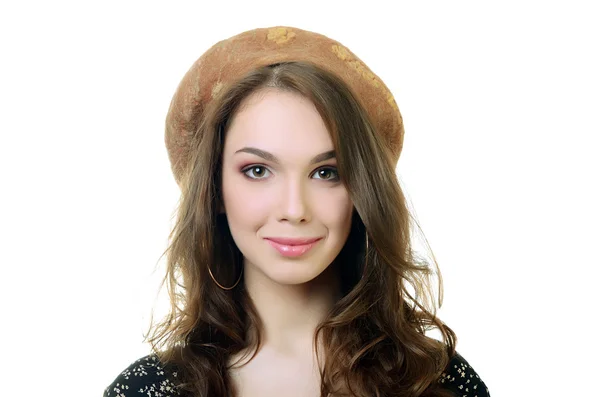 The young beautiful woman in an autumn beret on a head — Stock Photo, Image