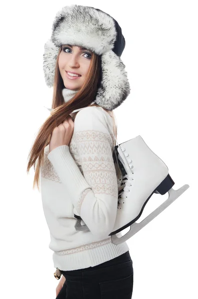 De mooie vrouw met de ijs-of rolschaatsen — Stockfoto