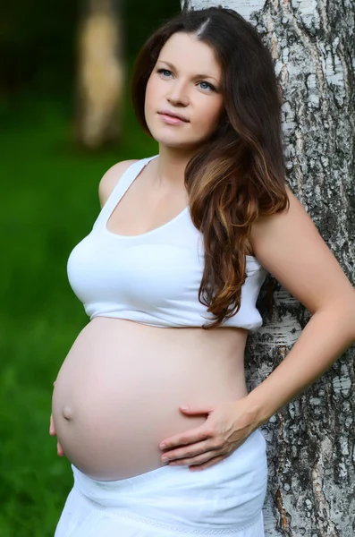 The pregnant woman in the summer at a birch — Stock Photo, Image