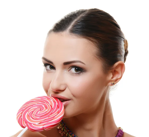 A menina com doces de açúcar isolado — Fotografia de Stock