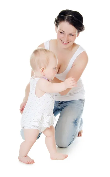 Mãe feliz com bebê sobre branco — Fotografia de Stock