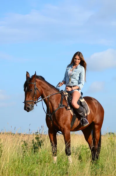 A mulher em um cavalo no campo — Fotografia de Stock