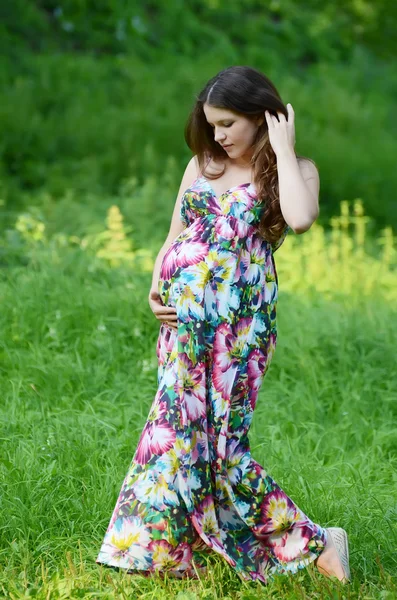 Die Schwangere im Sommer auf dem Gras — Stockfoto