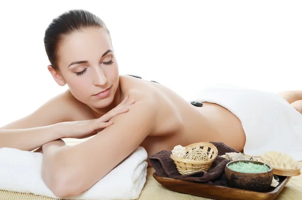 Spa Woman. Stone Massage isolated on white. Skincare — Stock Photo, Image