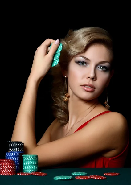 Woman with casino chips — Stock Photo, Image