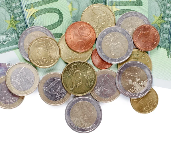 Various Euro currency bills and coins — Stock Photo, Image