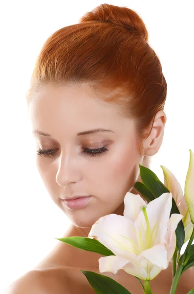 Beautiful girl with pink lilies — Stock Photo, Image