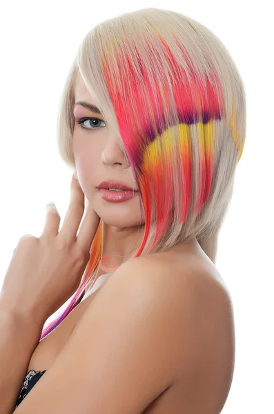Mulher com maquiagem brilhante e cabelo multicolorido — Fotografia de Stock