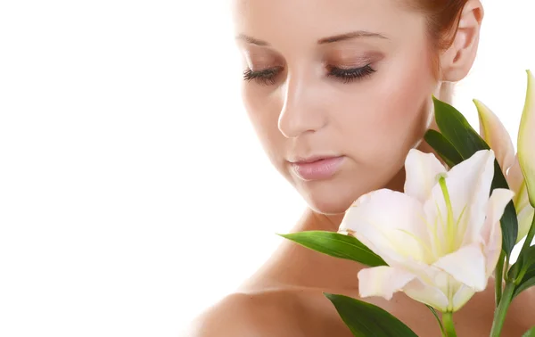 Beautiful girl with pink lilies — Stock Photo, Image